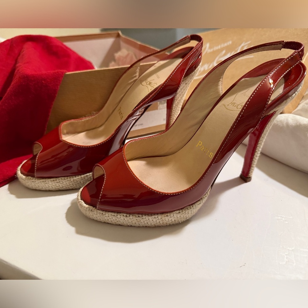 Christian Louboutin Red Patent Yoyo Sling Zeppa Peep-Toe Slingback Heels sz. 37